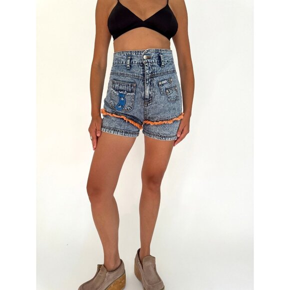 90s vintage blue acid wash denim funky fringe high waisted mini short shorts - Picture 8 of 11